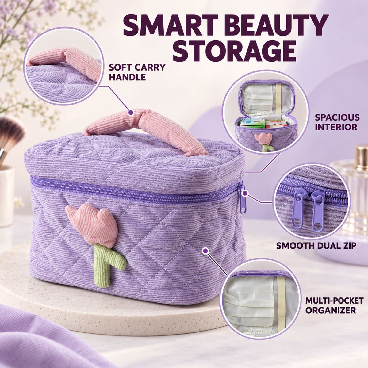 Reusable Quilted Bento Bag With Handle And Storage Pockets (1 Pc 21x15 Cm)